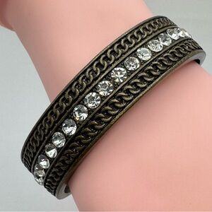 New Rhinestone Chain Cuff Bracelet Antique Brass Tone Open Bangle